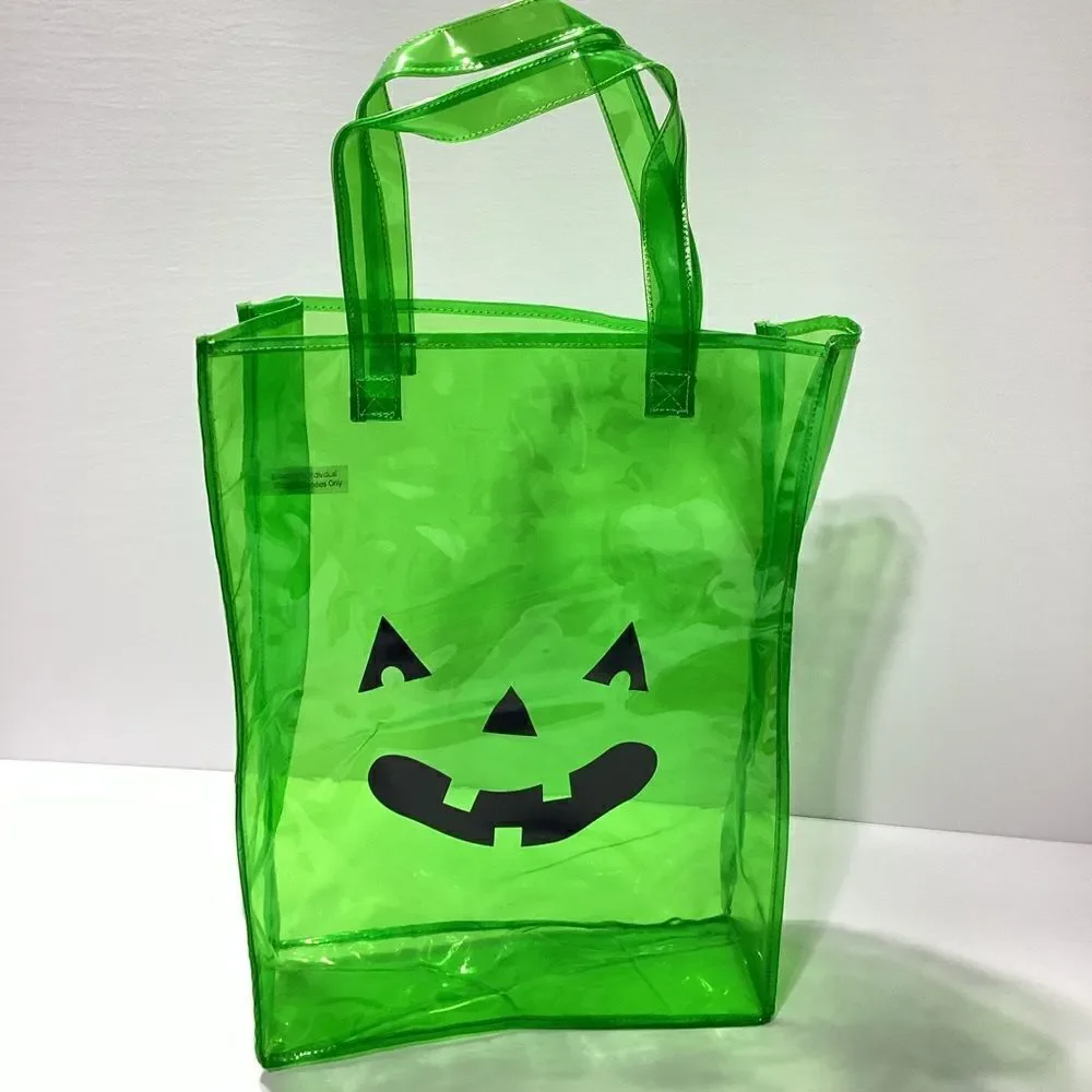 Vinyl Trick Or Treat Tote With Jack O Lantern Face Clear Green Large